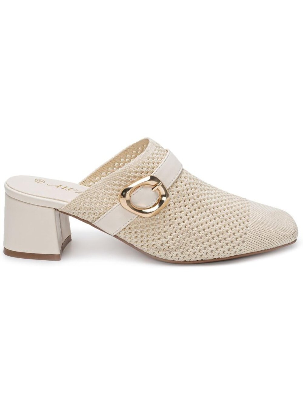 Women's Comfortable Knit Square Closed Toe Slip On Chunky Heel White Slide Shoes